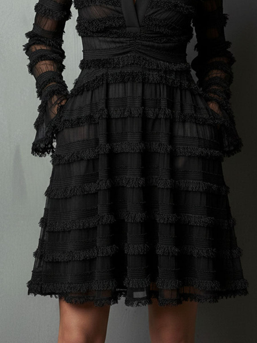 Quiet Luxury Black Fringe Textured Sheer Layered Dress