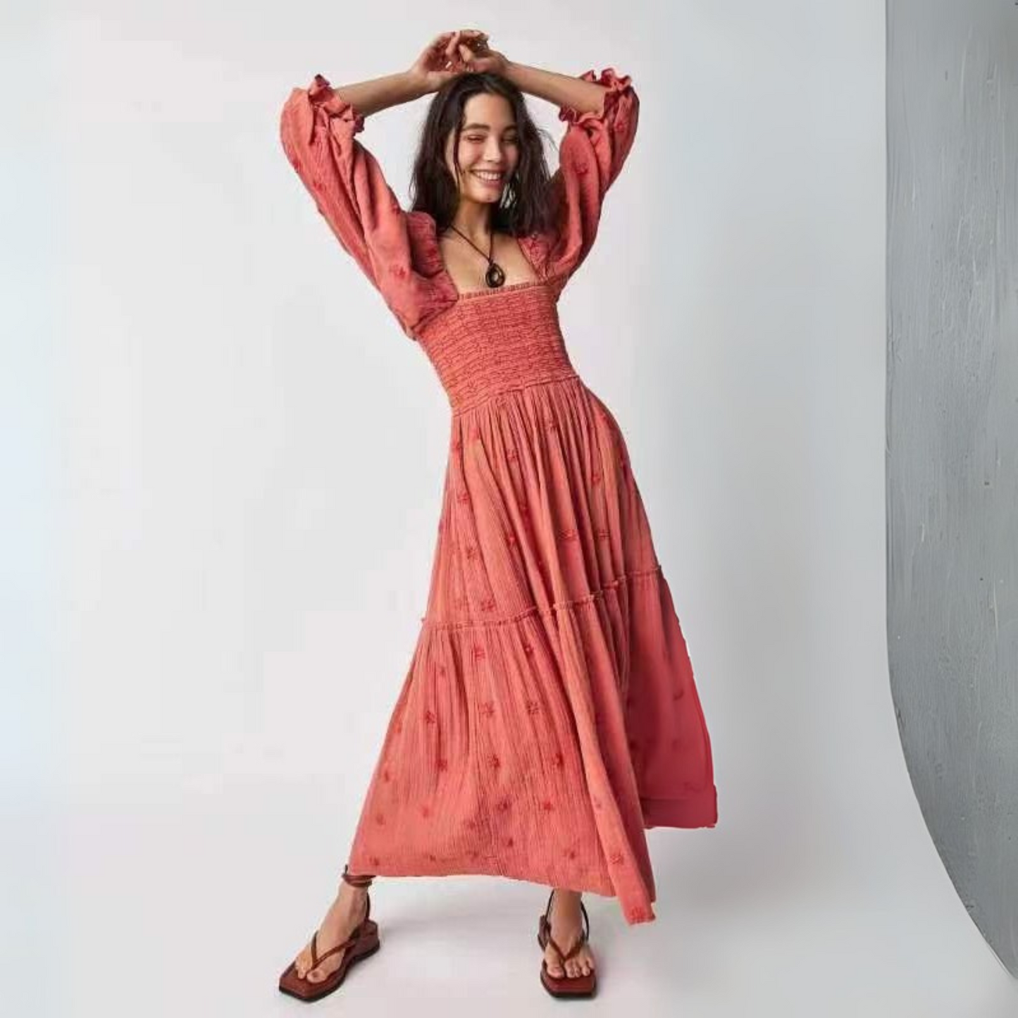 MOIRA™ - Comfy Floral Lantern Sleeve Square Neck Maxi Dress