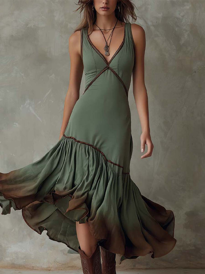 Boho Dip-Dyed Ruffled Hem Midi Dress