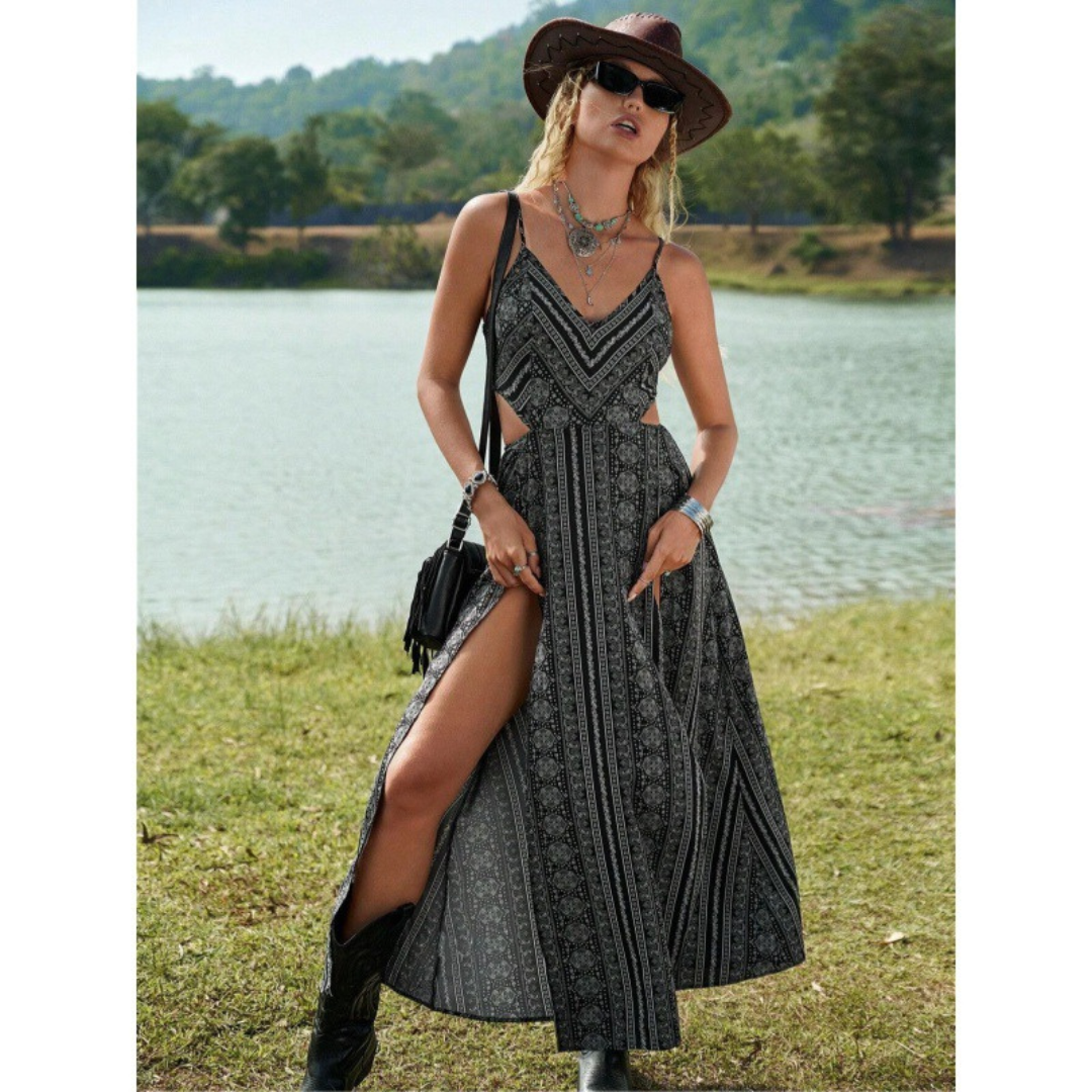 CLARINDA™ – Casual Deep V-Neck Shirred Sleeveless Maxi Dress