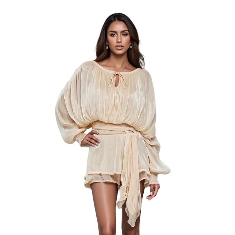 SARA™ - Ruffle Skirt Two-Piece with Lantern Sleeves & Tie-up Front