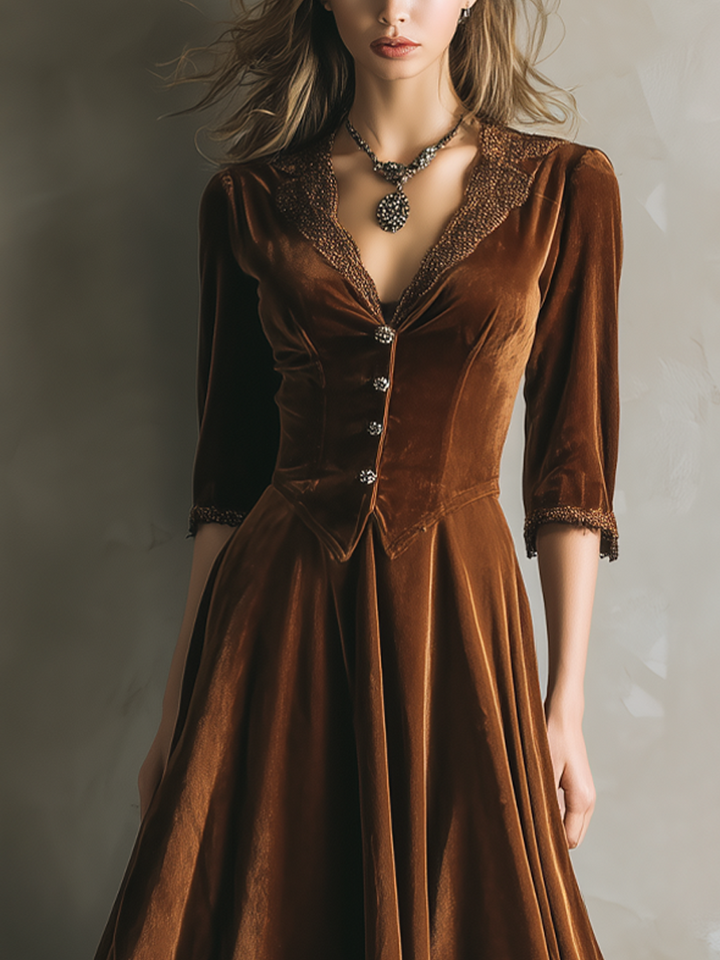 Vintage Three-Quarter Sleeves Lace High-Low Hem Velvet Two Pieces Set