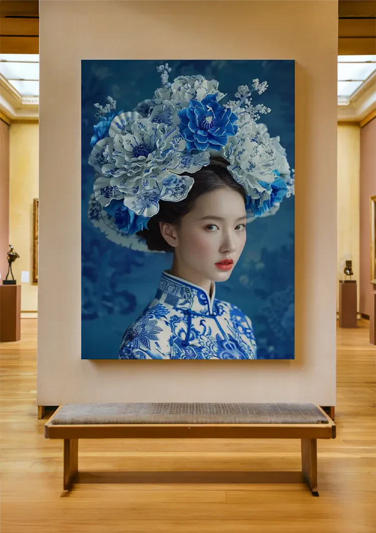 Delfts Blauw Vrouw Met Een Grote Bloemenkroon Schilderij