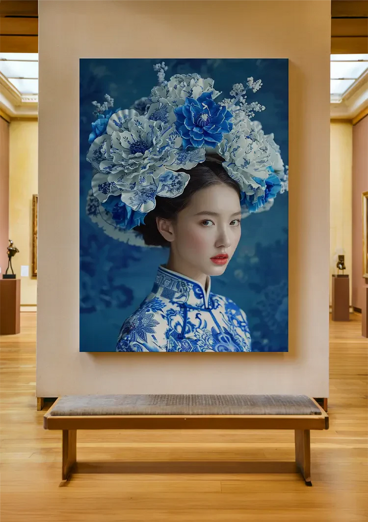 Delfts Blauw Vrouw Met Een Grote Bloemenkroon Schilderij
