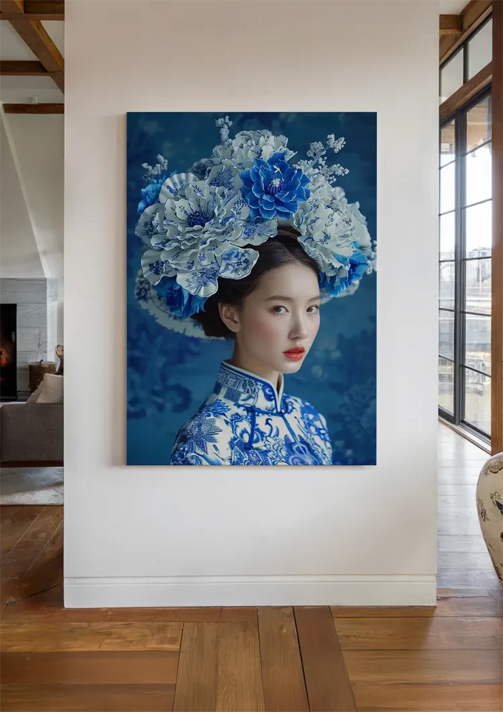 Delfts Blauw Vrouw Met Een Grote Bloemenkroon Schilderij