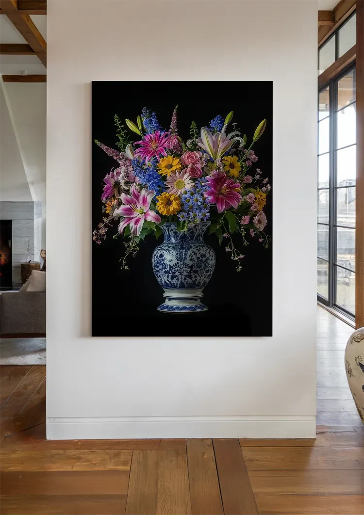 Delfts Blauw Levendige Bloemen In Vaas