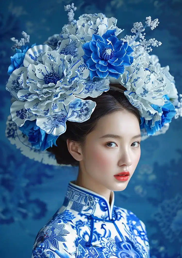 Delfts Blauw Vrouw Met Een Grote Bloemenkroon Schilderij