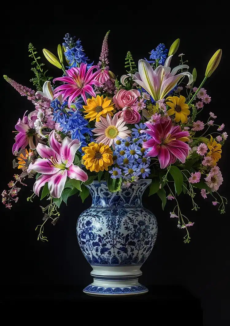 Delfts Blauw Levendige Bloemen In Vaas