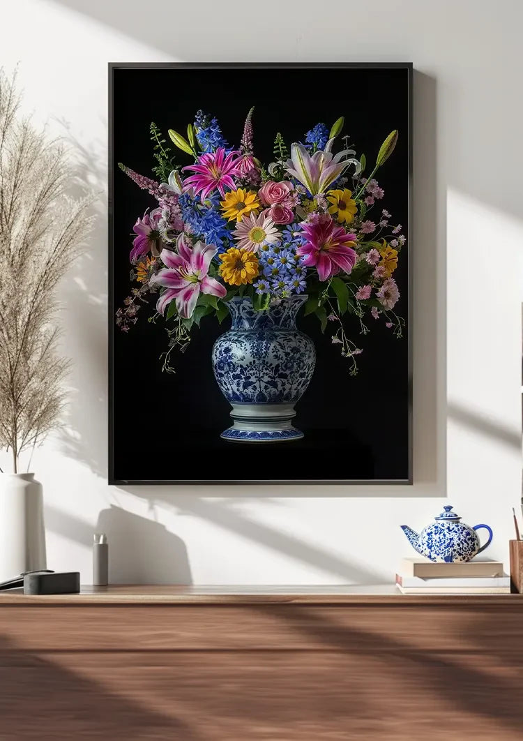 Delfts Blauw Levendige Bloemen In Vaas