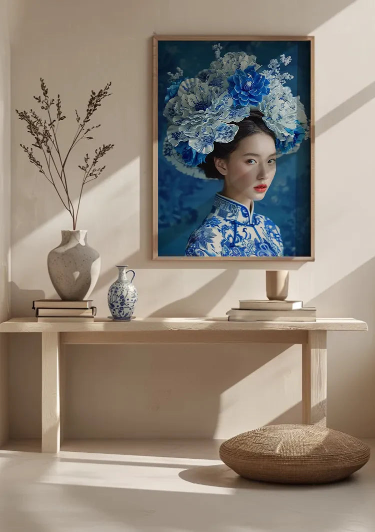Delfts Blauw Vrouw Met Een Grote Bloemenkroon Schilderij