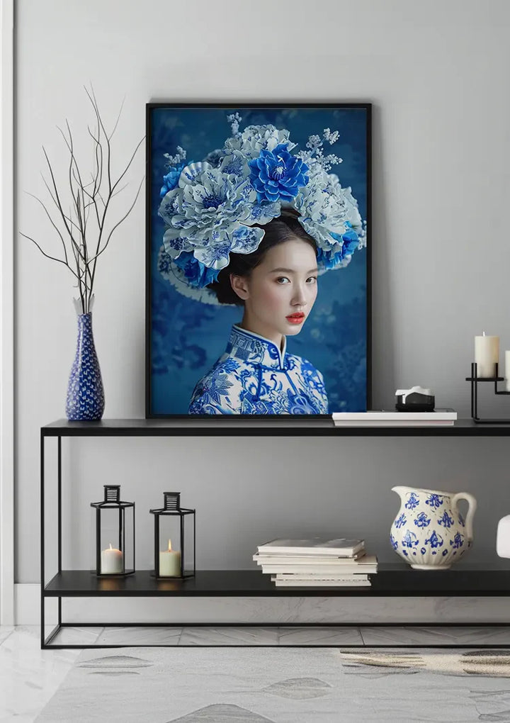 Delfts Blauw Vrouw Met Een Grote Bloemenkroon Schilderij