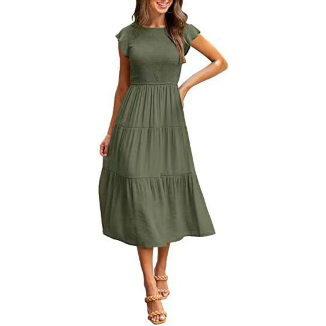KRISELLE™ - Elegant Flutter Sleeve Smoke Midi Dress