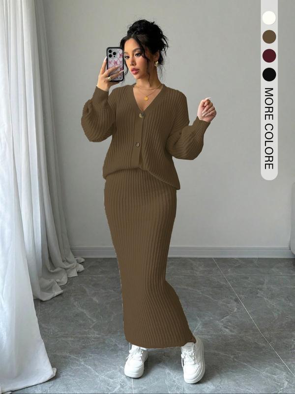 LEA™ - Solid Button Front Sweater & Long Skirt Knit Set