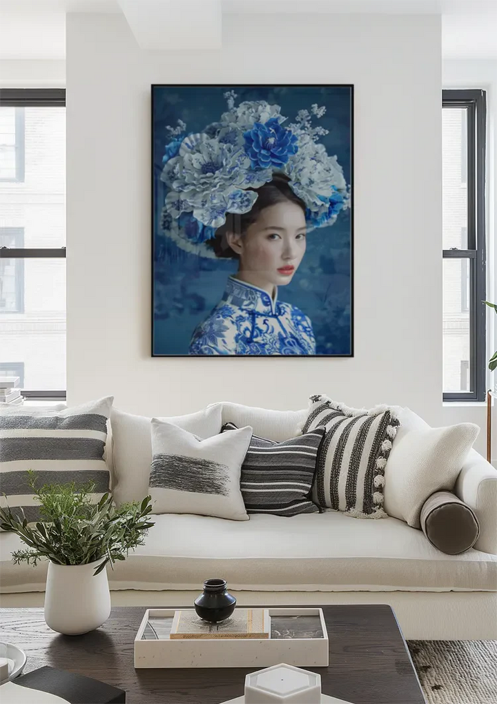 Delfts Blauw Vrouw Met Een Grote Bloemenkroon Schilderij