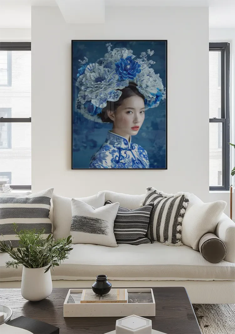 Delfts Blauw Vrouw Met Een Grote Bloemenkroon Schilderij