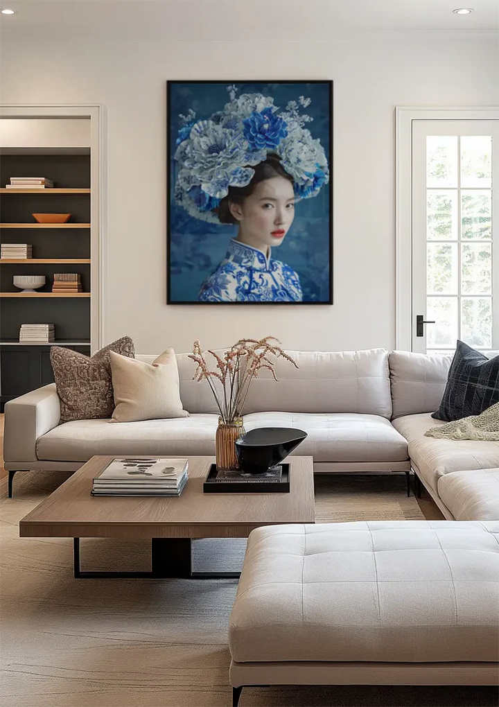 Delfts Blauw Vrouw Met Een Grote Bloemenkroon Schilderij