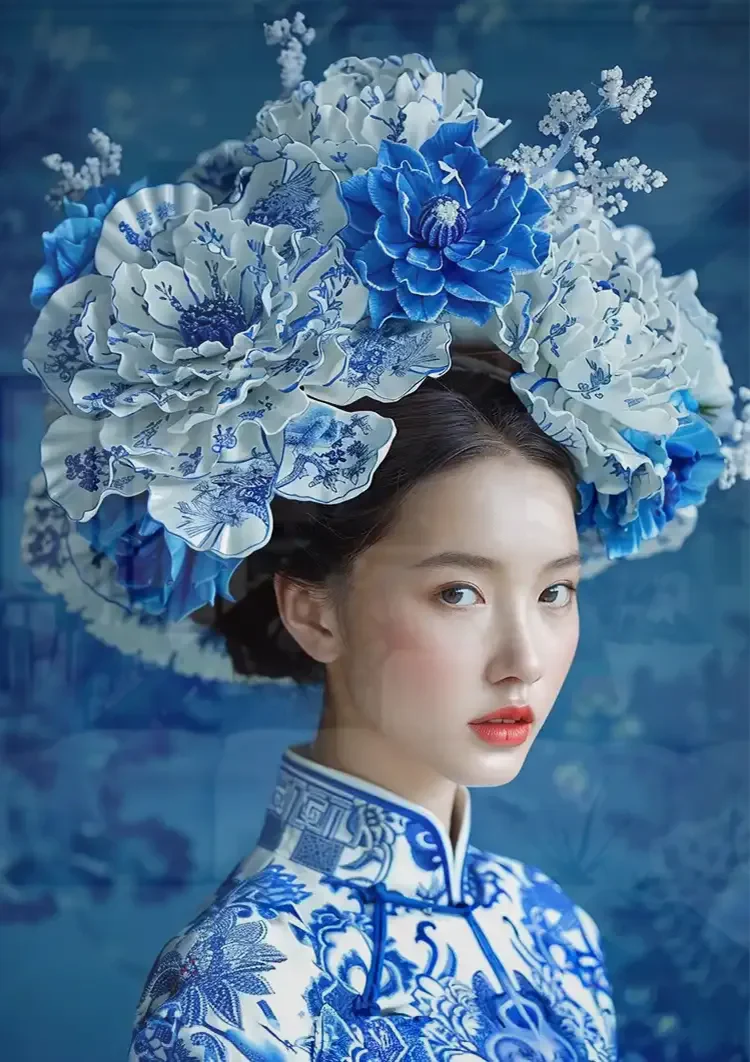 Delfts Blauw Vrouw Met Een Grote Bloemenkroon Schilderij