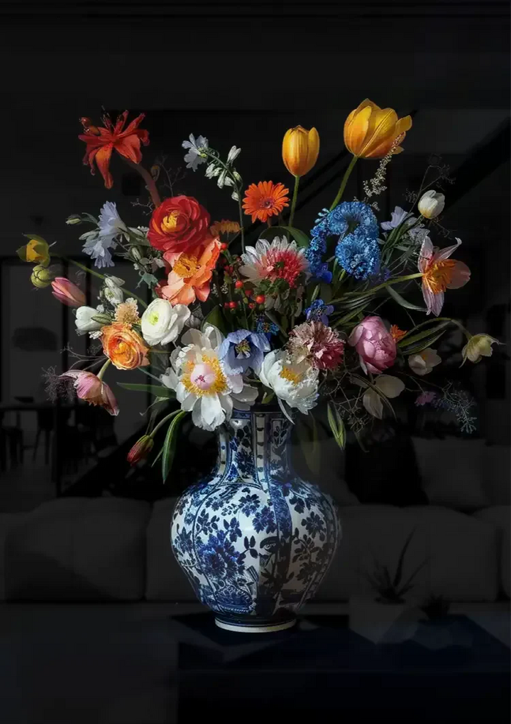 Delfts Blauw Bonte Bloemen Schilderij