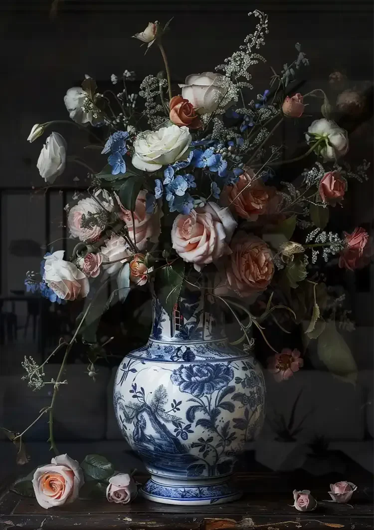 Delfts Blauw Rozen en Vaas Schilderij