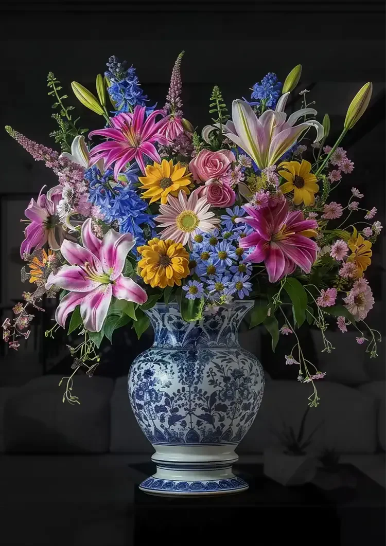 Delfts Blauw Levendige Bloemen In Vaas