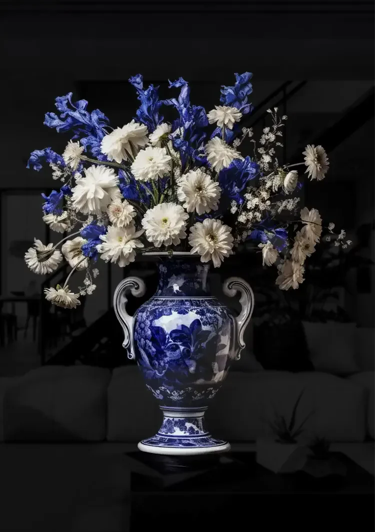 Delfts Blauw Gekleurde Bloemen In Vaas