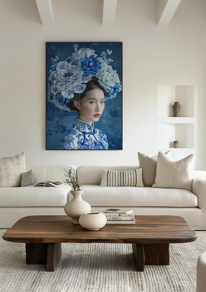 Delfts Blauw Vrouw Met Een Grote Bloemenkroon Schilderij
