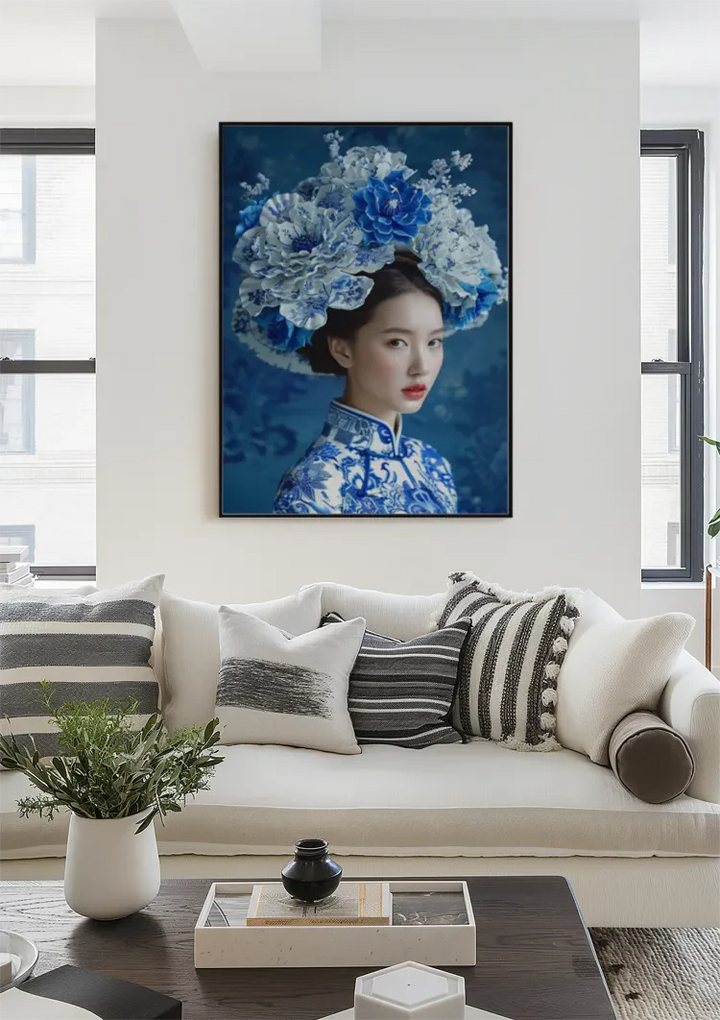 Delfts Blauw Vrouw Met Een Grote Bloemenkroon Schilderij
