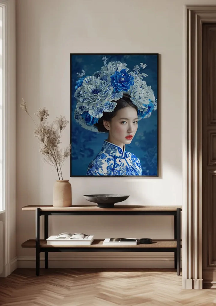 Delfts Blauw Vrouw Met Een Grote Bloemenkroon Schilderij