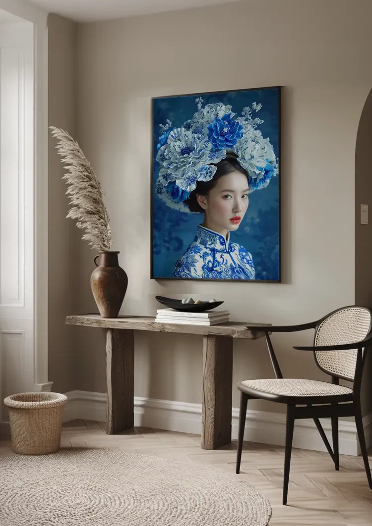 Delfts Blauw Vrouw Met Een Grote Bloemenkroon Schilderij