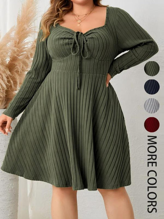 KATE™ - Plus Size Ribbed Sweetheart Neck A-Line Dress for Fall